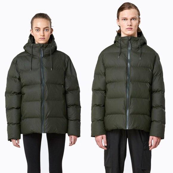 Rains Puffer Down Jacket Waterproof Vegan Unisex Green - Picture 1 of 13